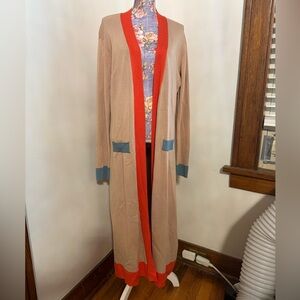 Elegant Tan Cardigan with Red and Blue Accents